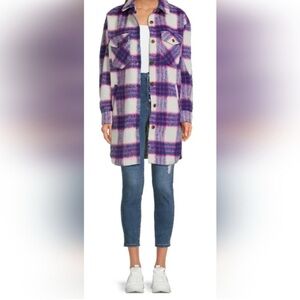Madden NYC Women’s Plaid Shacket Jacket Size L White Blue Pink Button Front Warm